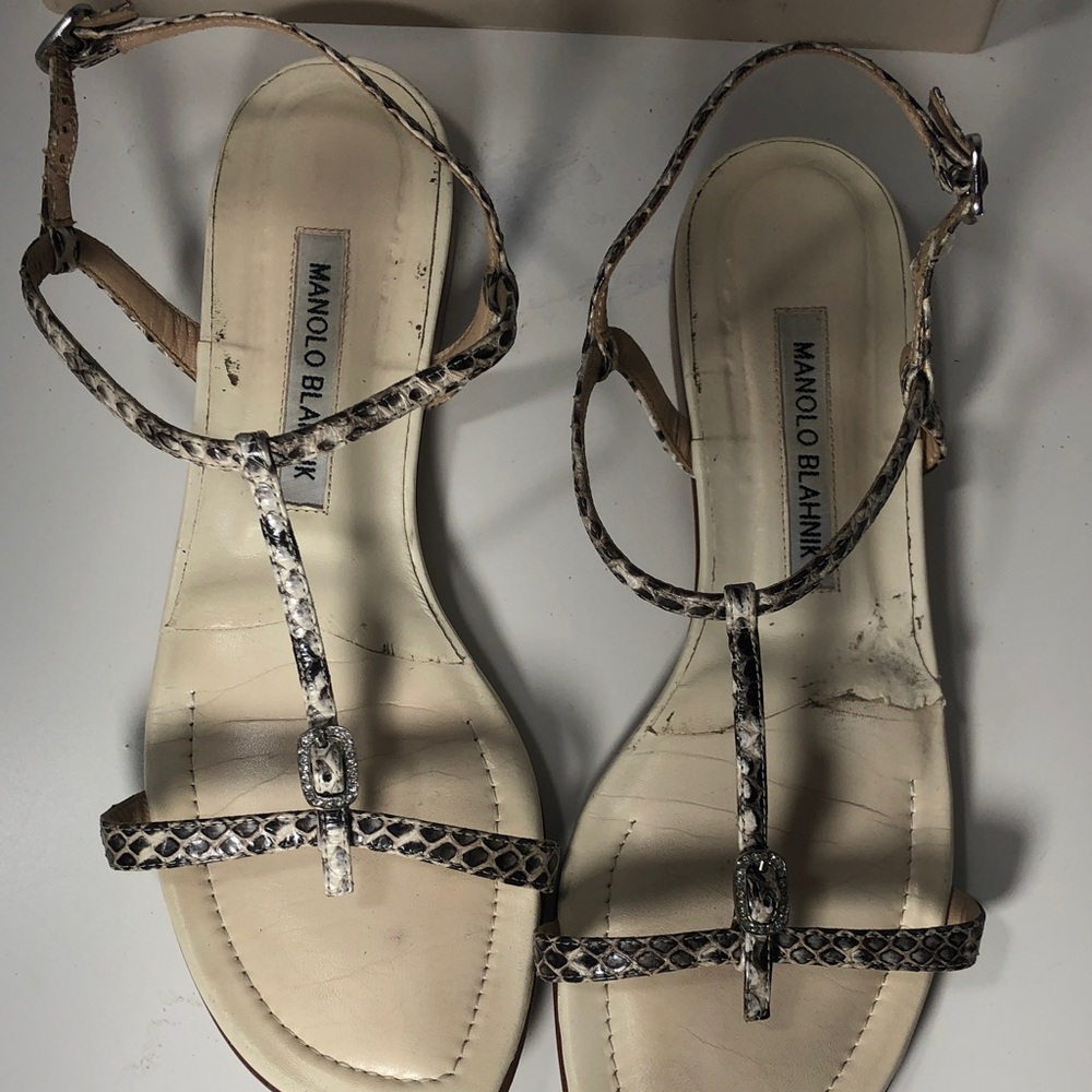 Manolo Blahnik Handmade in Italy. Leather Animal Print Flats Sandals, Size 7 (US - Picture 10 of 14
